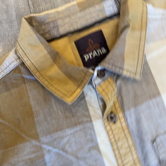 PrAna Brighton Shirt Mens Medium Shirt Sleeve Button Down Yellow Plaid - Picture 5 of 8